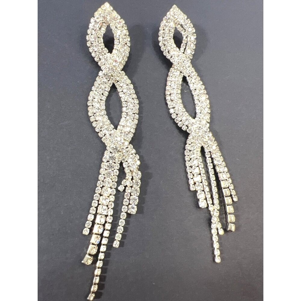 Rhinestone Fringe Crossover Earrings 5.5" Post Silver Tone Glamour Prom Party
